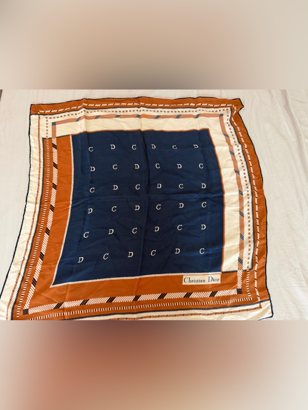 Dior Silk Scarf in Navy, Rust & Cream with Monogram Panel